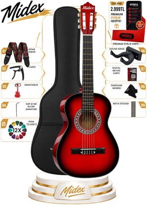 Midex CG-36RD-PAK Kaliteli 36 İnç 3/4 Juniur Çocuk Gitarı 8-12 Yaş Arası (Tuner Çanta Capo Askı Nota Sticker Pena Metod)