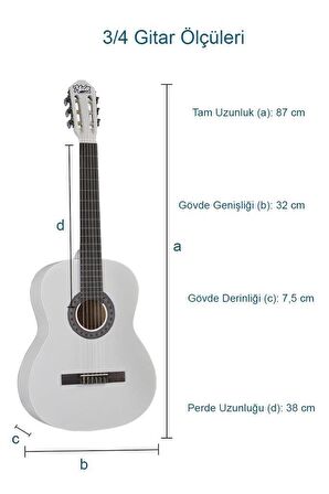 Midex CG-36WH-PAK Kaliteli 36 İnç 3/4 Juniur Çocuk Gitarı 8-12 Yaş Arası (Tuner Çanta Capo Askı Nota Sticker Pena Metod)