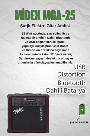 Midex MGA-25BN-PAK Elektro Gitar Amfisi 25 Watt USB Bluetooth ve Şarjlı (Amfi Mikrofon Stand Kulaklık Jack Kablo)