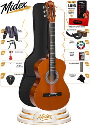 Midex CG-270BRW Brown Renk Klasik Gitar 4/4 Yetişkin Boy Sap Ayarlı Full Set