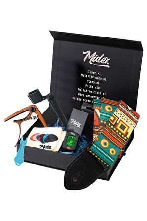 Midex AC-20 Gitar Aksesuar Seti Gitar Askı Capo Tuner Pena ve Full Set