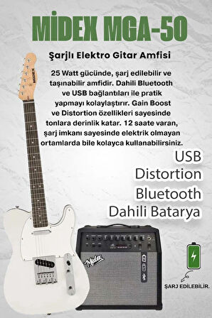 Midex TLX-50WH-50AMP Tele Kasa Gül Klavye 2 Single-Coil 50W Amfili Elektro Gitar