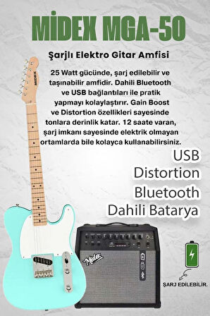 Midex TLX-50GR-50AMP Tele Kasa Maple Klavye 2 Single-Coil 50W Amfili Elektro Gitar