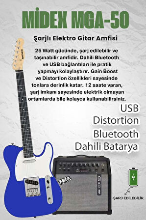 Midex TLX-50BL-50AMP Tele Kasa Maple Klavye 2 Single-Coil 50W Amfili Elektro Gitar