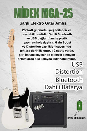 Midex TLX-50CR-25AMP Tele Kasa Maple Klavye 2 Single-Coil 25W Amfili Elektro Gitar