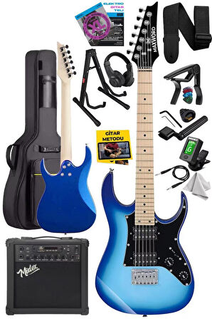 Maxword DE-150BL-25AMP Maple Klavye HH Yüksek Kaliteli 25W Amfili Elektro Gitar Seti