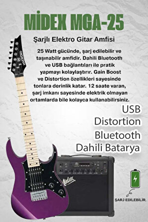 Maxword DE-150PU-25AMP Maple Klavye HH Yüksek Kaliteli 25W Amfili Elektro Gitar Seti