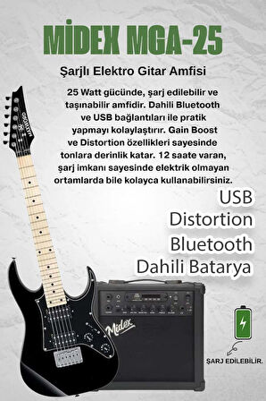 Maxword DE-150BK-25AMP Maple Klavye HH Yüksek Kaliteli 25W Amfili Elektro Gitar Seti
