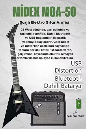 Maxword DG-28BK-50AMP V Kasa Gül Klavye 2x Zebra Humbucker Manyetik 50W Amfili Elektro Gitar