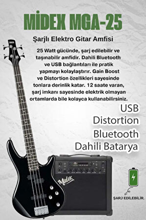 Midex MBG-400BK-25AMP 4 Telli Bas Gitar ve 25W Amfi Gigbag Kulaklık Set