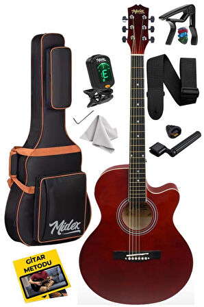 Midex XC-200RD Kaliteli Akustik Gitar Seti 40 İnç 4/4 Yetişkin Full Set