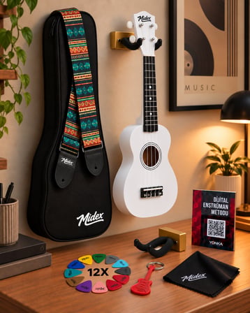 Midex UKX-901WH Beyaz Soprano Ukulele (Askı Çanta Metod Pena)