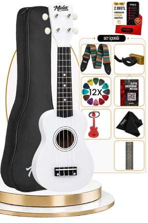 Midex UKX-901WH Beyaz Soprano Ukulele (Askı Çanta Metod Pena)