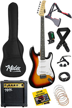Midex AGE-80SB Amfili Full Elektro Gitar Seti 4/4 Yetişkin 39 İnç Sunburs