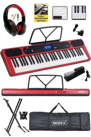 Midex PS-5200RD-HSS Pro Org 61 LED Işıklı Tuş Hassasiyetli Bluetooth Midi Kulaklık Stand Sustain