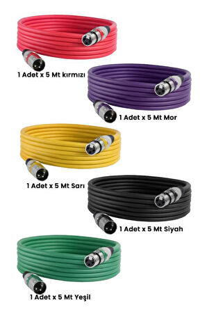 Midex MXL-5M-5x Kaliteli XLR TO XLR 5 mt. Mikrofon Kablosu (5 Adet 5 Renk)