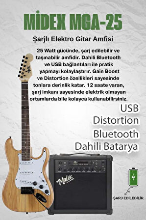 Midex RPH-320WD-25AMP Ahşap Renk Strat Kasa SSS 25W Amfili Elektro Gitar Seti