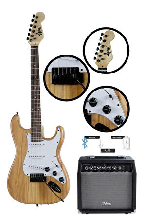 Midex RPH-320WD-35AMP Ahşap Renk Strat Kasa SSS 35W Amfili Elektro Gitar Seti