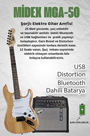 Midex RPH-320WD-50AMP Ahşap Renk Strat Kasa SSS 50W Amfili Elektro Gitar Seti