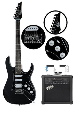 Midex RPH-320BK-25AMP Siyah Renk Super Strat Kasa HSS 25W Amfili Elektro Gitar Seti