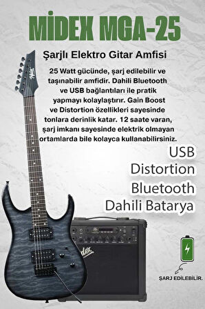 Midex Crade-25AMP Grey Rosewood Super Strat Kasa HH Yüksek Kaliteli 25W Amfili Elektro Gitar Seti