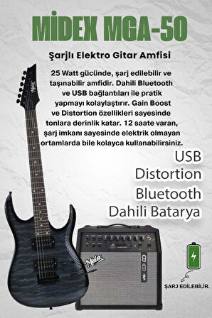 Midex Crade-50AMP Grey Rosewood Super Strat Kasa HH Yüksek Kaliteli 50W Amfili Elektro Gitar Seti