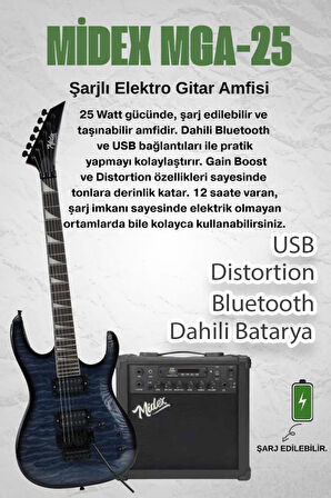 Midex Crade-25AMP Blue Rosewood Super Strat Kasa HH Yüksek Kaliteli 25W Amfili Elektro Gitar Seti