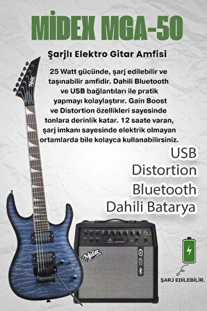 Midex Crade-50AMP Blue Rosewood Super Strat Kasa HH Yüksek Kaliteli 50W Amfili Elektro Gitar Seti