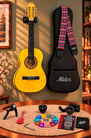 Midex CG-270YLW Sarı Renk Klasik Gitar 4/4 Yetişkin Boy Sap Ayarlı Full Set