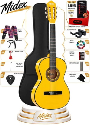 Midex CG-270YLW Sarı Renk Klasik Gitar 4/4 Yetişkin Boy Sap Ayarlı Full Set