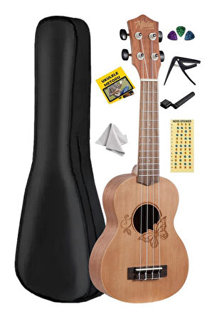 Midex SPA-261 Ladin Ağacı Kelebek Desenli Kaliteli Soprano Ukulele Seti