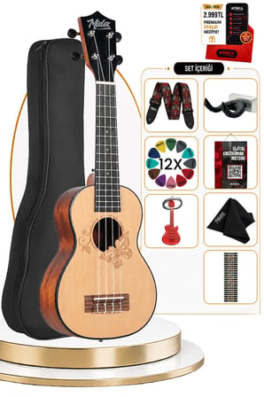 Midex SPA-261 Ladin Ağacı Kelebek Desenli Kaliteli Soprano Ukulele Seti
