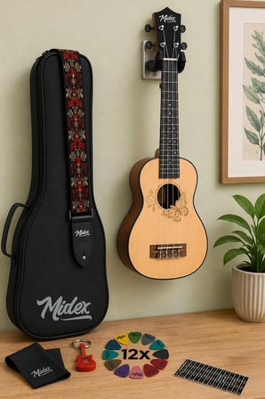 Midex SPA-261 Ladin Ağacı Kelebek Desenli Kaliteli Soprano Ukulele Seti