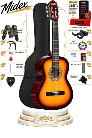 Midex CG-270SB Sunburst Renk Klasik Gitar 4/4 Yetişkin Boy Sap Ayarlı Full Set