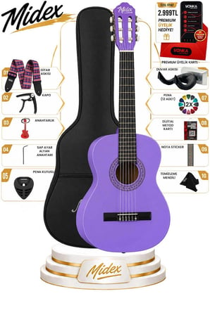 Midex CG-270PRP Mor Renk Klasik Gitar 4/4 Yetişkin Boy Sap Ayarlı Full Set