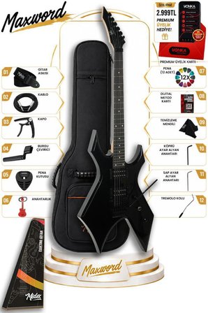 Maxword GT-Line-BK Profesyonel Warlock Kasa HH Elektro Gitar Seti Siyah