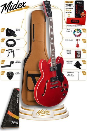 Midex Vintage Jazz-RD Profesyonel Hollowbody Caz Kasa HH Akustik Elektro Gitar Seti Kırmızı