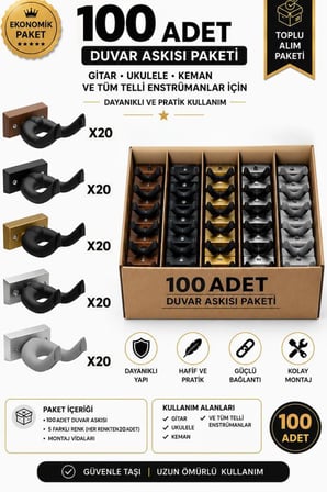 Lastvoice EDS-666-100X Kaliteli 100'lü Enstrüman Duvar Askısı Standı Aparatı Toptan Paket-2 (Gitar, Ukulele, Keman, Bağlama Uyumlu)