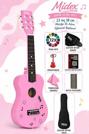 Midex CG-230PK Çocuk Klasik Gitar Seti 3-8 Yaş 23 İnç 58 cm Pembe Çocuk Gitarı Seti