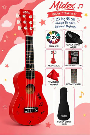 Midex CG-230RD Çocuk Klasik Gitar Seti 3-8 Yaş 23 İnç 58 cm Kırmızı Çocuk Gitarı Seti