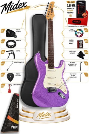 Midex RPH-30PU Gül Klavye Strat Kasa SSS Elektro Gitar Seti