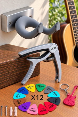 Lastvoice GDS-666GRY Gri Gitar Duvar Askısı Kapo (Capo) ve 12'li Pena Seti