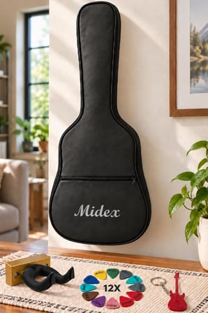 Midex GK-50A Akustik Gitar Çantası Kaliteli Siyah Kılıf (Duvar Askısı Standı + 12 Pena)