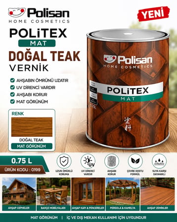 Ahşap Verniği MAT DOĞAL TEAK (Yeni Renk) Su Geçirmez Ahşapın Ömrünü Uzatır Yüksek Uv Direnci 0,75 L Kod :0199