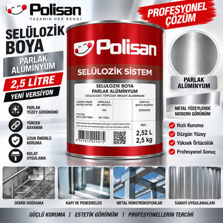 Polisan Selülozik Boya Parlak Alüminyum Kod:9006 2.5L