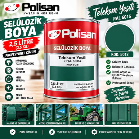 Polisan Selülozik Boya Telekom Yeşili Rengi Boya 2.5 Litre (2.5 Kg) KOD :5018