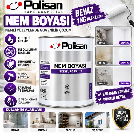 Nem Boyası Beyaz 1 Kg ( 0,68 Litre ) İç Ve Dış Cephe Rutubeti Giderir Sararma Yapmaz Kabarmaz Yüksek Beyaz