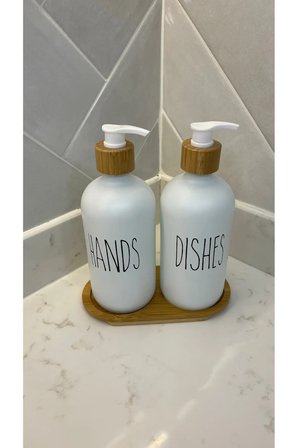 Cam 2’li Beyaz Mutfak Sıvı Sabunluk Seti 500ml+500ml Bambu Tepsili Beyaz