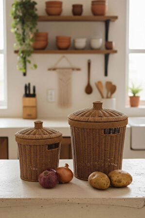 Rattan Konik 2'li Kapaklı Sepet