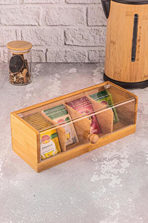 Bambu Çay Kutusu 4 Bölmeli Kapaklı Bitki Çayı Saklama Kabı 